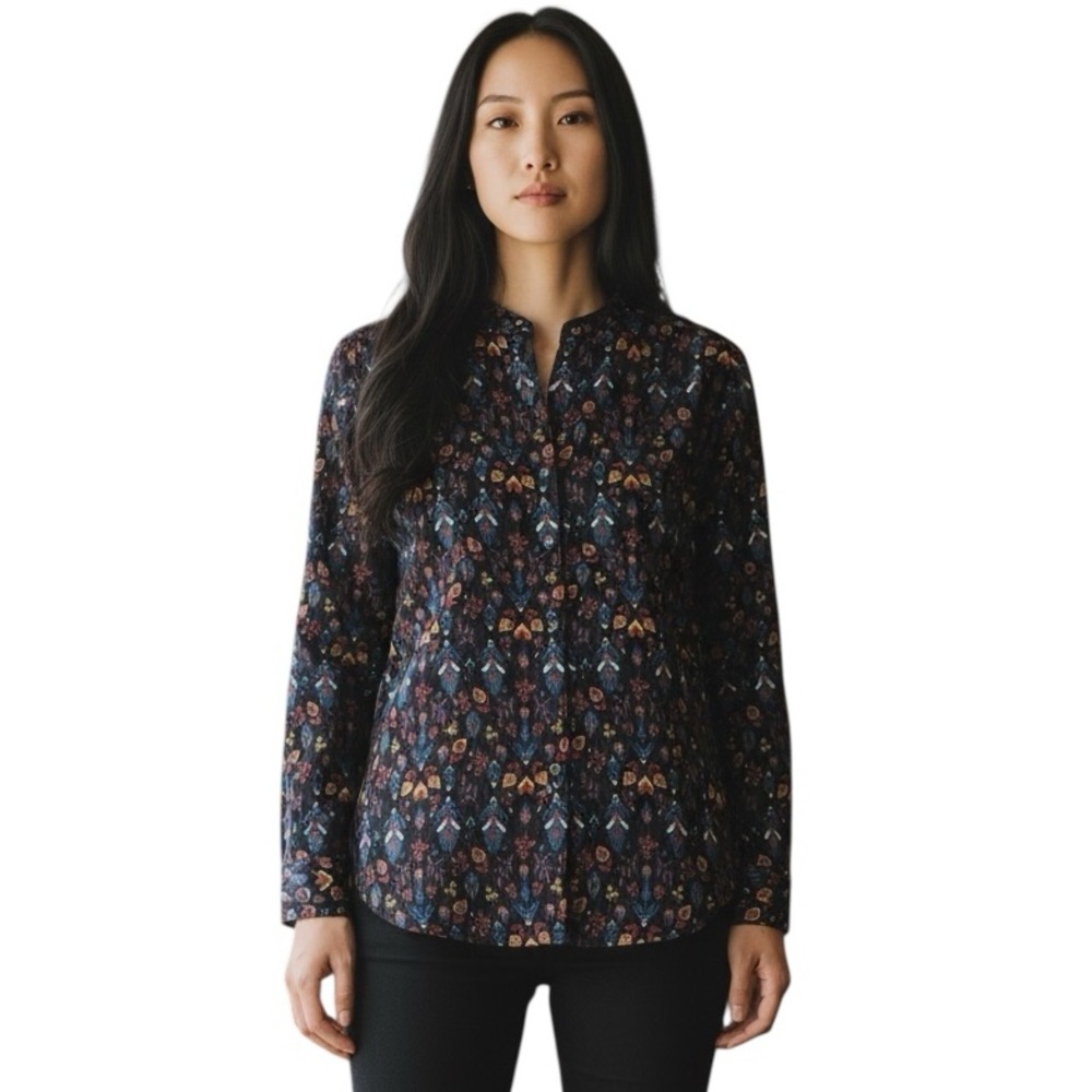 UNTUCKIT HER LORELEI BLACK FLORAL PRINT BUTTON DOWN SILVER METALLIC THREAD TOP 4